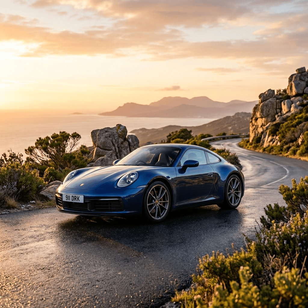 Dark blue classic Porsche 911 parked under sunlight beam in an old garage